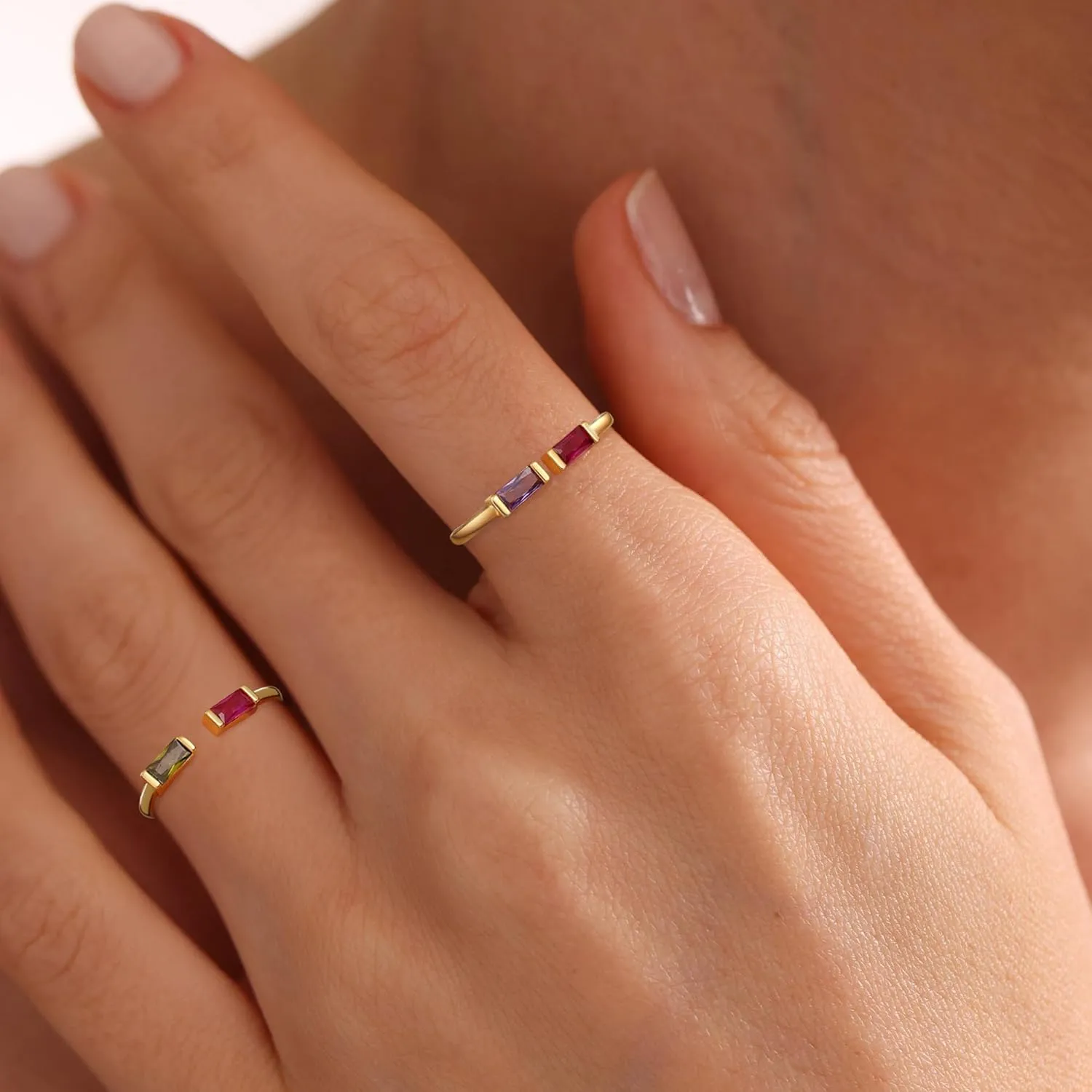 JSJOY Birthstone Rings for Women Dainty Emerald Blue Ring Birthday Gifts for Mom Her Gemstones CZ Ring for Teens Gold Rings That Don't Tarnish Adjustable Ring Jewelry Gifts