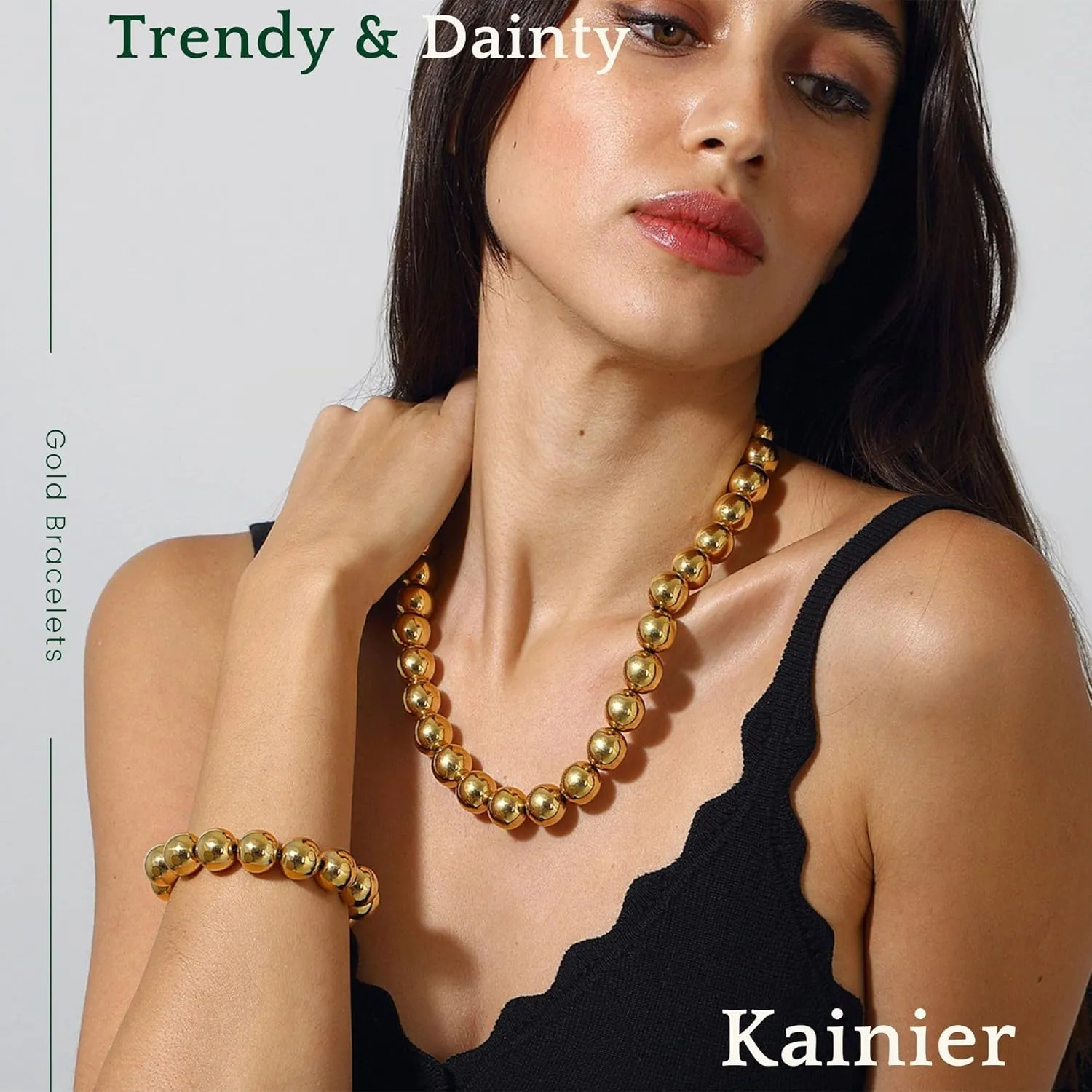 Kainier Gold Beaded Bracelets for Women 14K Gold Plated Chain Bracelets Strand Non Tarnish Chunky Dainty Link Stackable Beads ball Bracelet 8/12/16mm