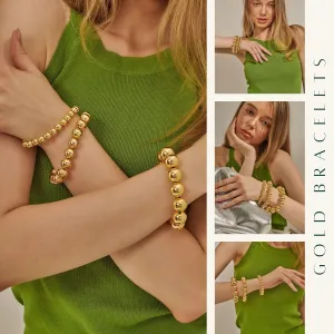 Kainier Gold Beaded Bracelets for Women 14K Gold Plated Chain Bracelets Strand Non Tarnish Chunky Dainty Link Stackable Beads ball Bracelet 8/12/16mm