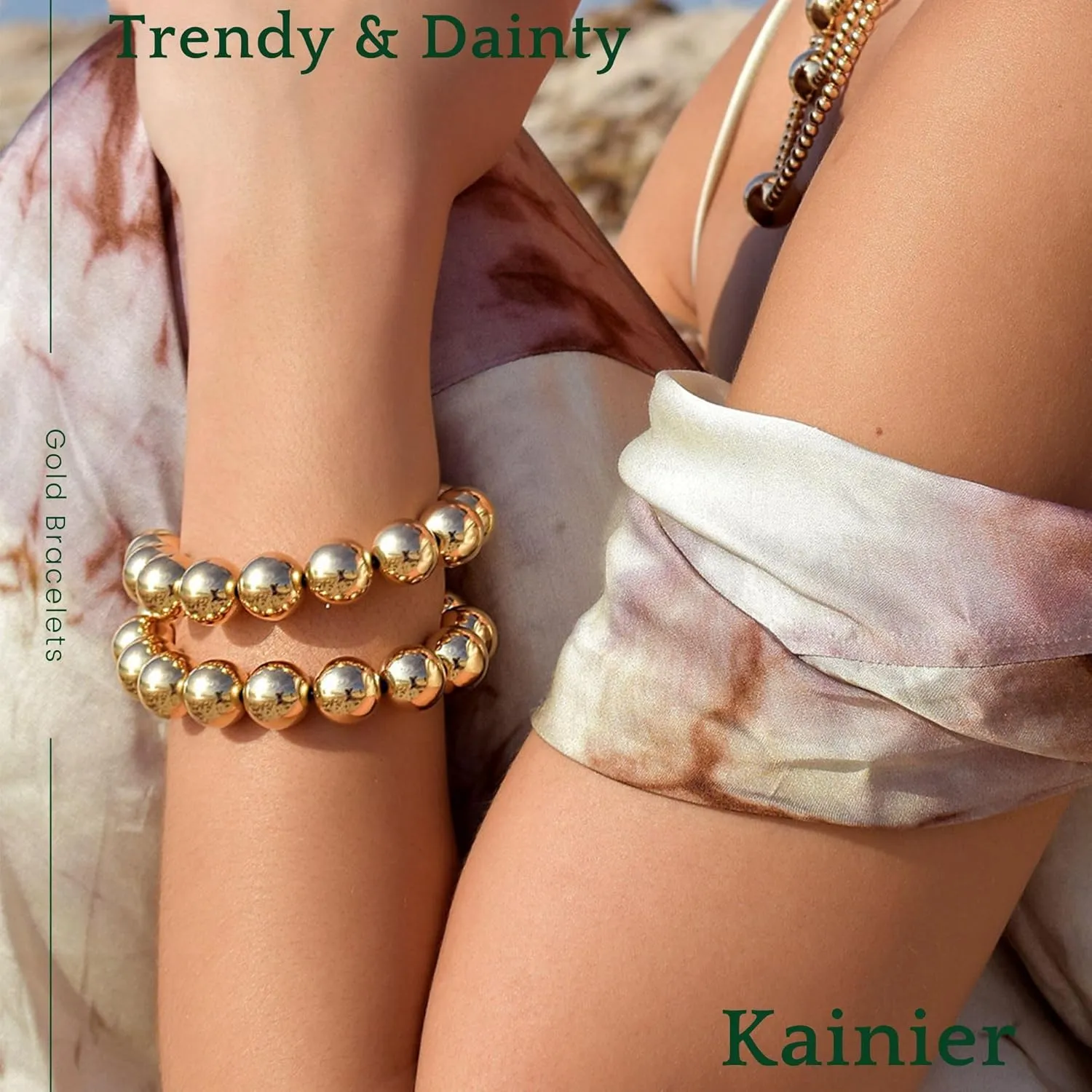 Kainier Gold Beaded Bracelets for Women 14K Gold Plated Chain Bracelets Strand Non Tarnish Chunky Dainty Link Stackable Beads ball Bracelet 8/12/16mm