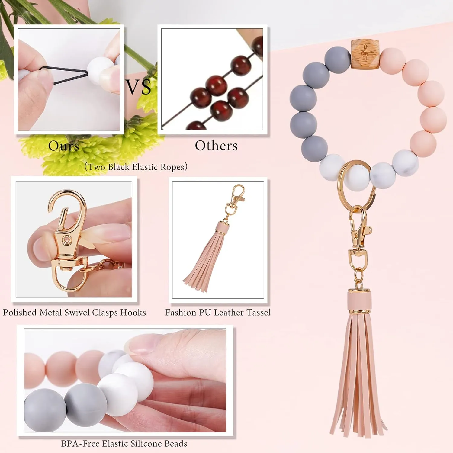 Keychain Bracelet Wristlet Key Ring Silicone Beaded Bangle Cute Key Chains for Women