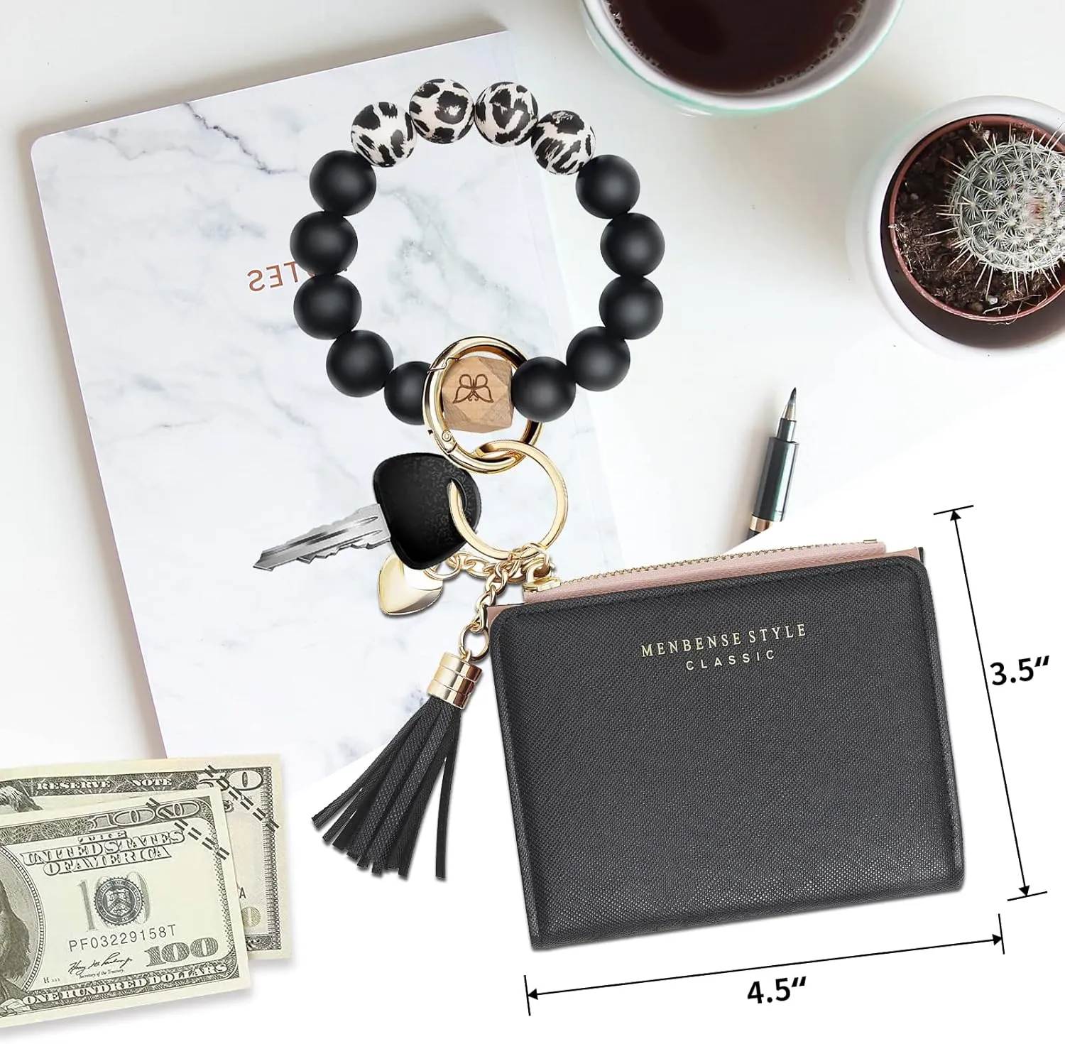 Keychain Bracelet Wristlet with Wallet Card Holder Pocket,Tassel Keychain Bangle Key Ring for Women