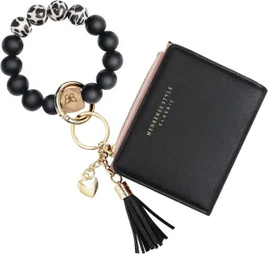 Keychain Bracelet Wristlet with Wallet Card Holder Pocket,Tassel Keychain Bangle Key Ring for Women