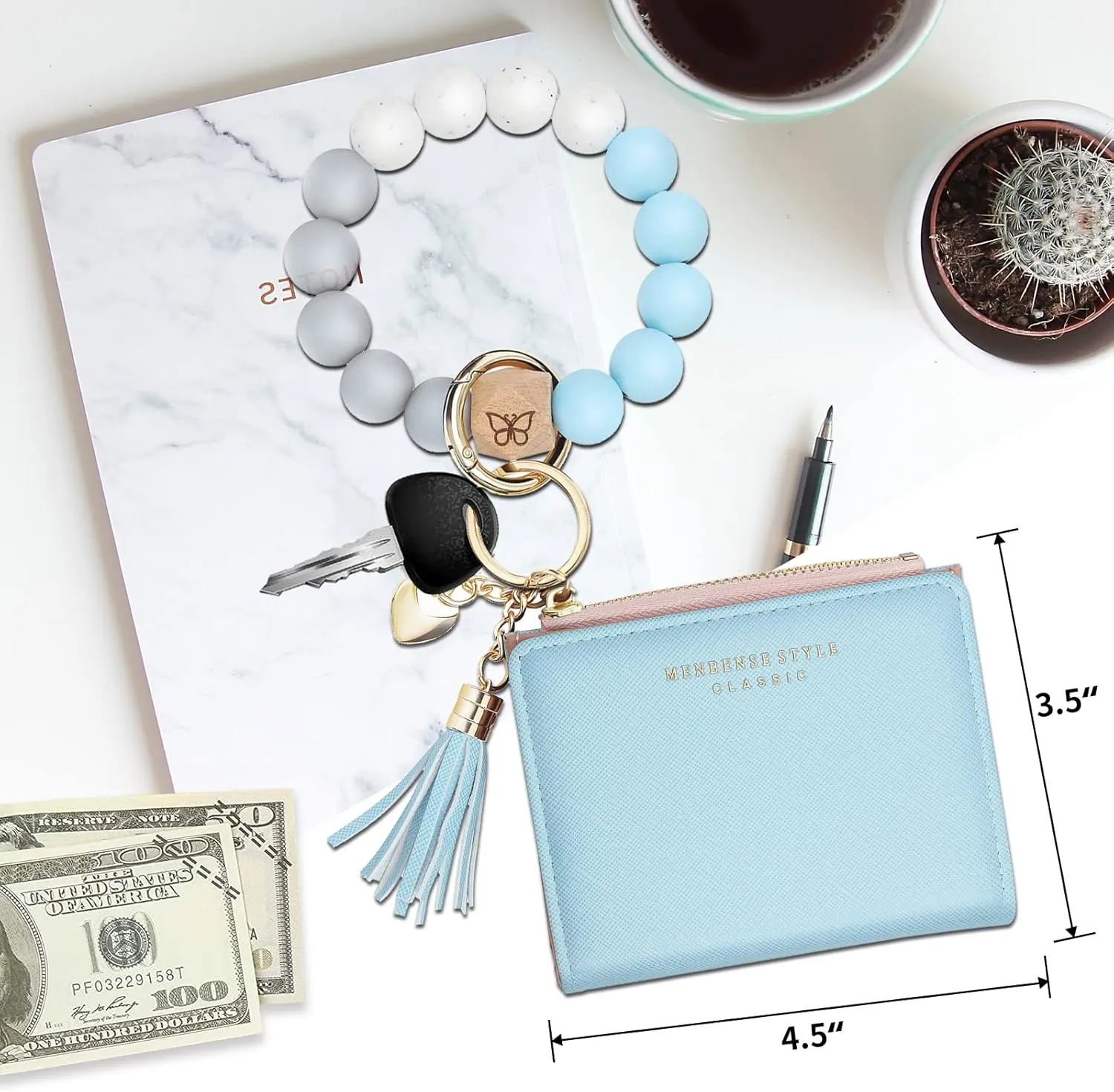 Keychain Bracelet Wristlet with Wallet Card Holder Pocket,Tassel Keychain Bangle Key Ring for Women