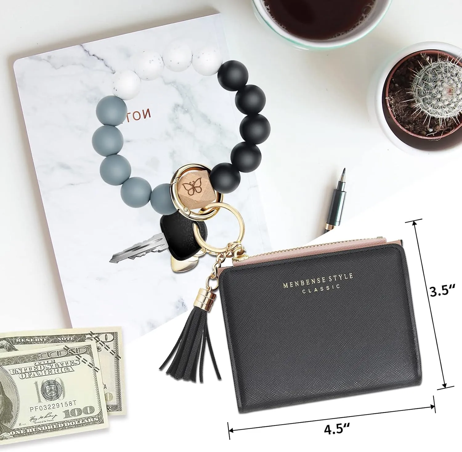 Keychain Bracelet Wristlet with Wallet Card Holder Pocket,Tassel Keychain Bangle Key Ring for Women