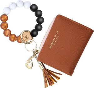 Keychain Bracelet Wristlet with Wallet Card Holder Pocket,Tassel Keychain Bangle Key Ring for Women