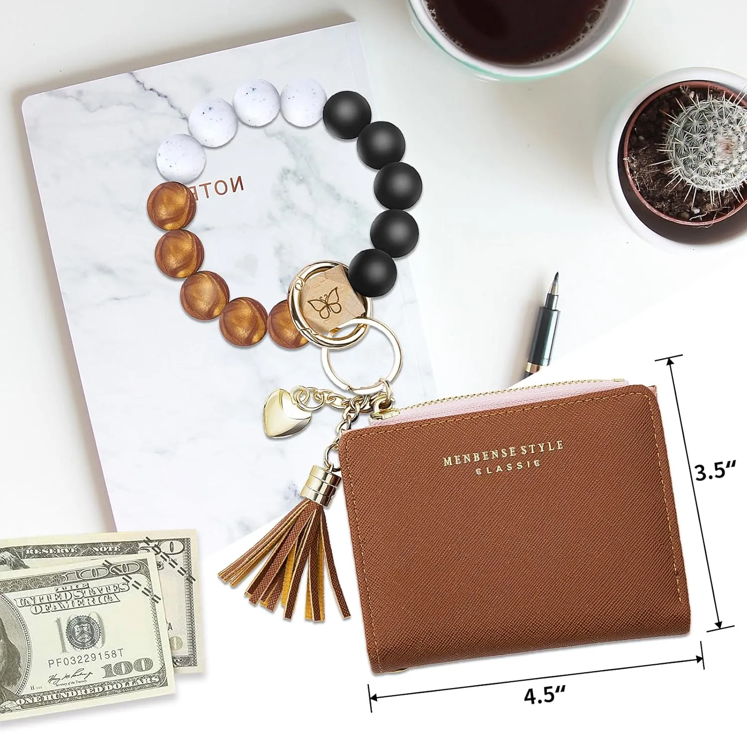Keychain Bracelet Wristlet with Wallet Card Holder Pocket,Tassel Keychain Bangle Key Ring for Women