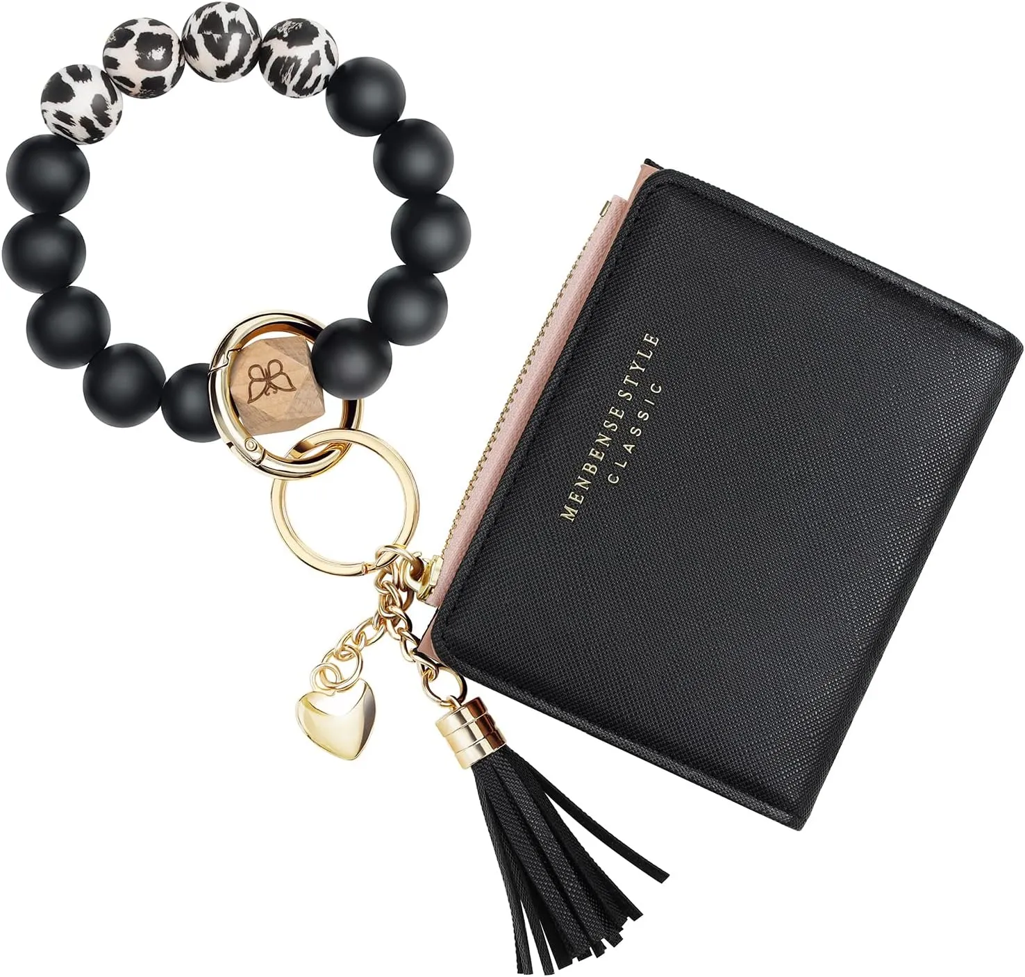 Keychain Bracelet Wristlet with Wallet Card Holder Pocket,Tassel Keychain Bangle Key Ring for Women