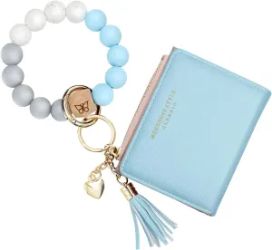 Keychain Bracelet Wristlet with Wallet Card Holder Pocket,Tassel Keychain Bangle Key Ring for Women