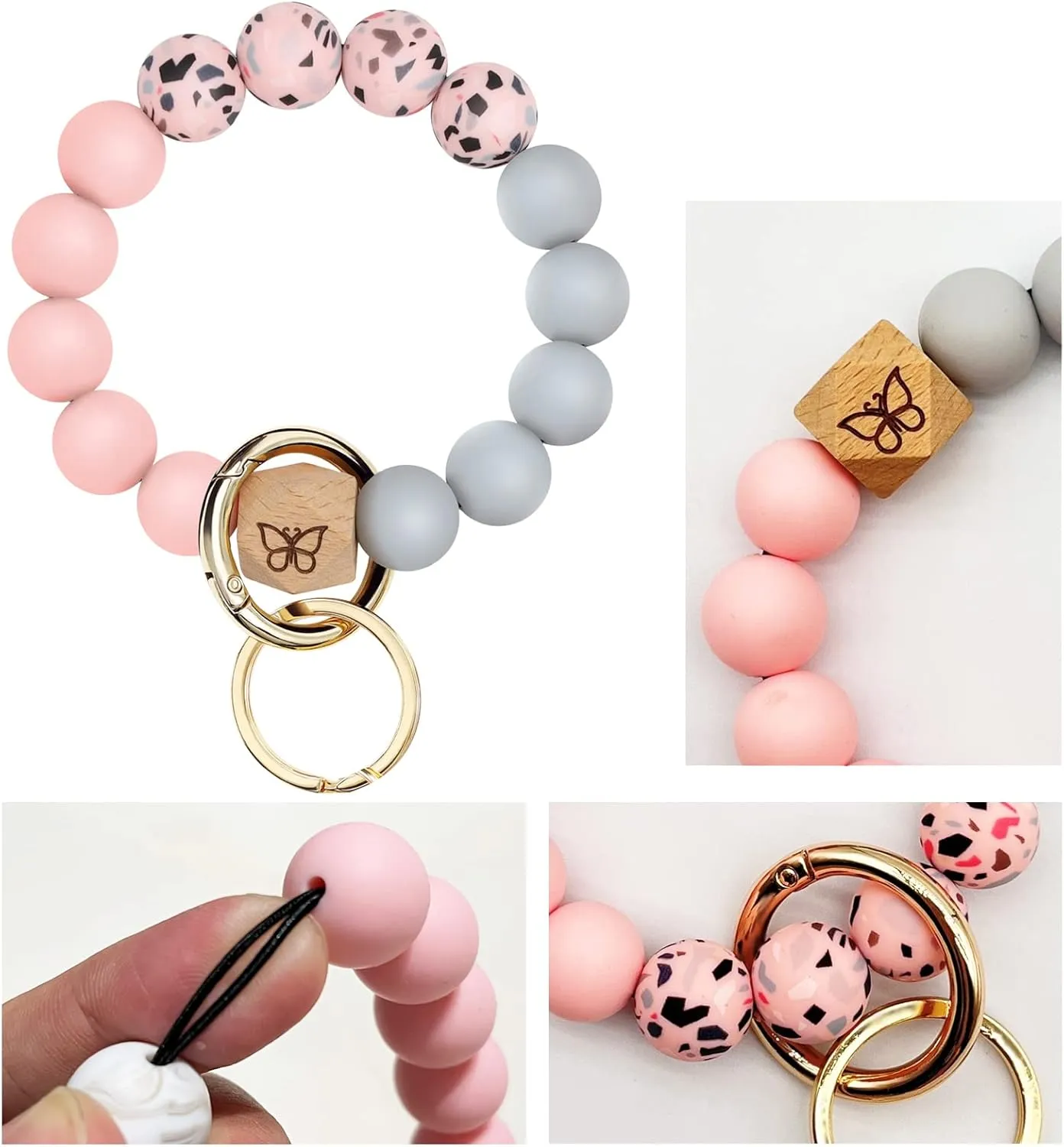 Keychain Bracelet Wristlet with Wallet Card Holder Pocket,Tassel Keychain Bangle Key Ring for Women