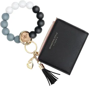 Keychain Bracelet Wristlet with Wallet Card Holder Pocket,Tassel Keychain Bangle Key Ring for Women