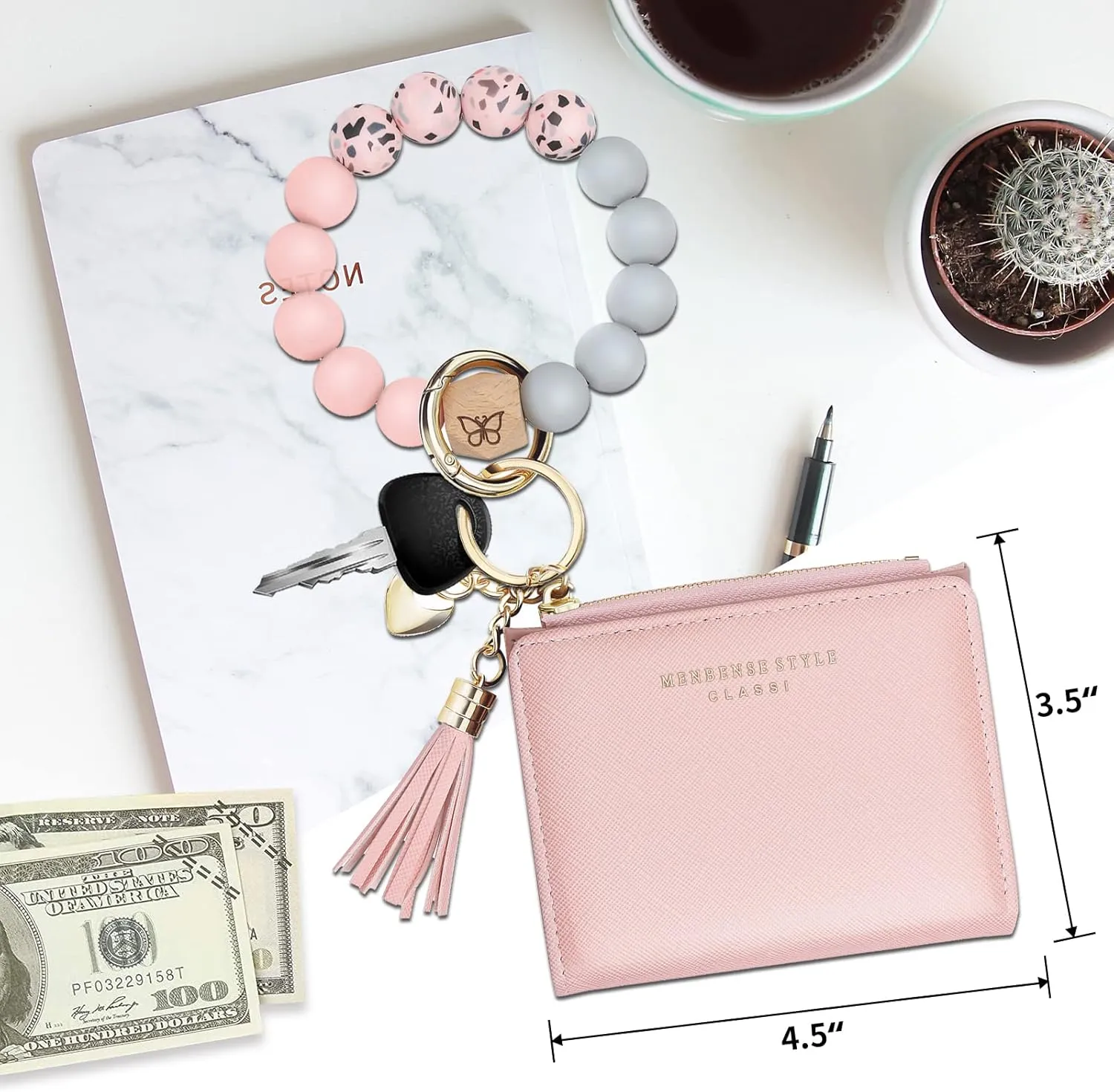 Keychain Bracelet Wristlet with Wallet Card Holder Pocket,Tassel Keychain Bangle Key Ring for Women