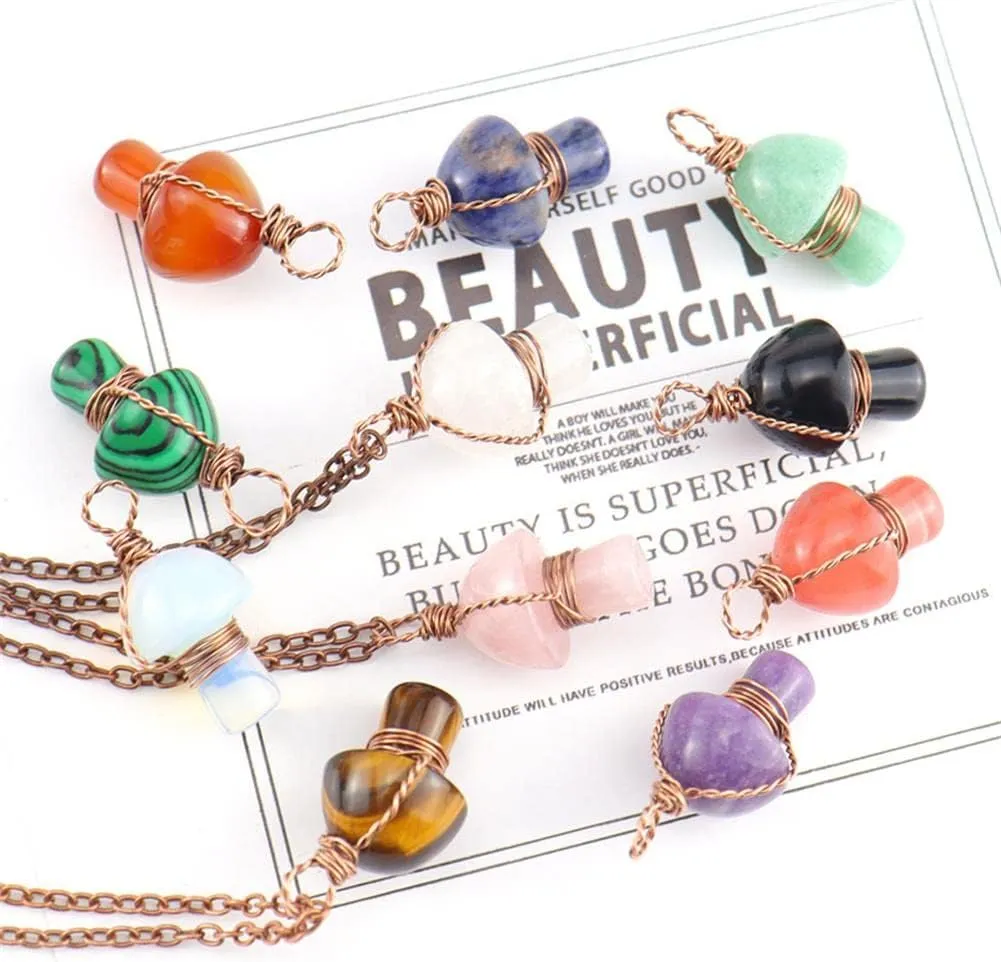 KIFEDSLJ Crystal Mushroom Necklace Natural Healing Stones Mushroom Pendant Necklace Amethyst Wire Wrapped Gemstone Quartz Mushroom Stone Pendants for Women Girl Jewelry 