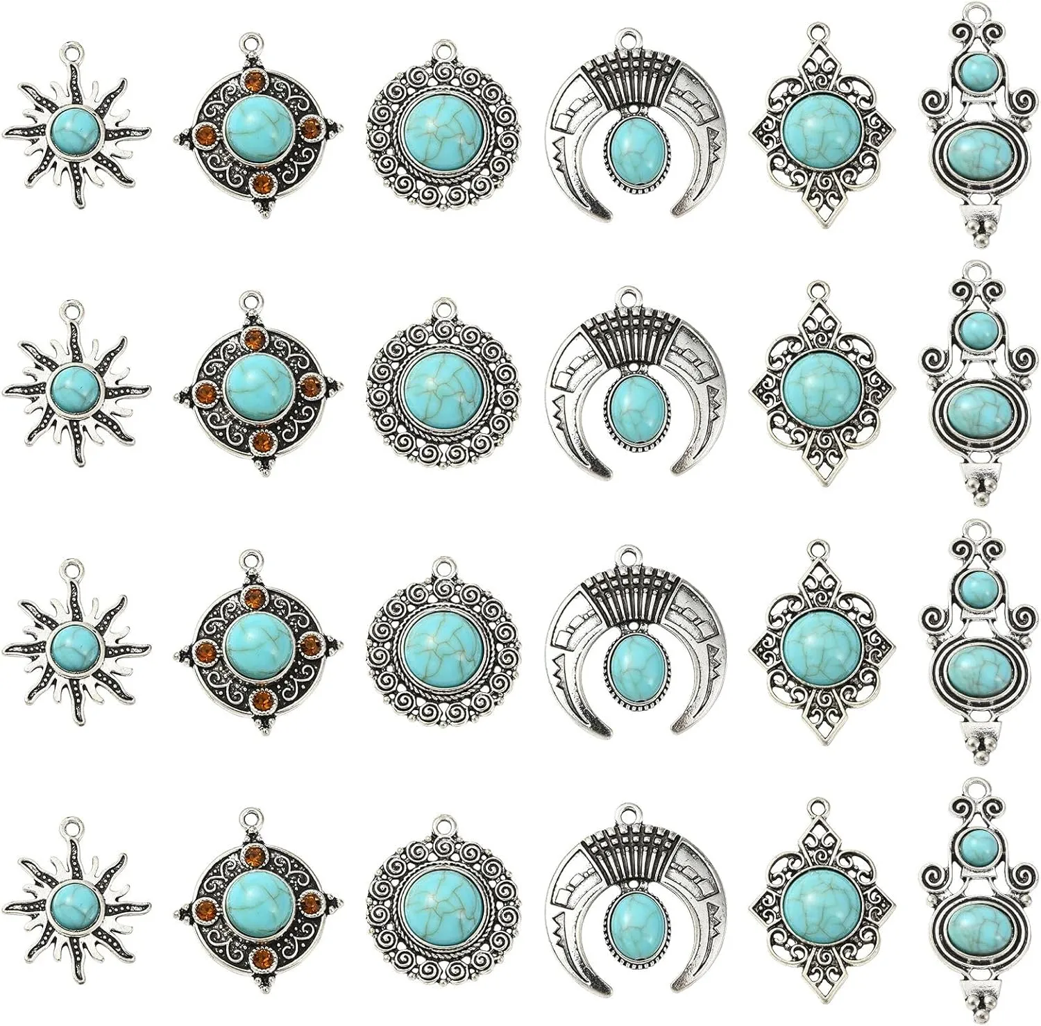 KitBeads 30Pcs 6 Styles Tibetan Western Charms Imitation Turquoise Boho Charms Rhombus Sun Celestial Charms for Jewelry Making Bracelets Earrings Crafts