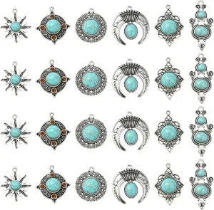 KitBeads 30Pcs 6 Styles Tibetan Western Charms Imitation Turquoise Boho Charms Rhombus Sun Celestial Charms for Jewelry Making Bracelets Earrings Crafts