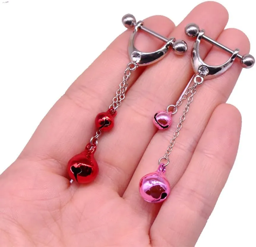 Kokoma 14G Dangle Jingle Bell Nipple Rings for Women CZ Red Pink Jingle Bells Christmas Nipplerings Long Tassel Chain Dangling Drop Hoop Earrings Barbell Bar Piercing Body Jewelry