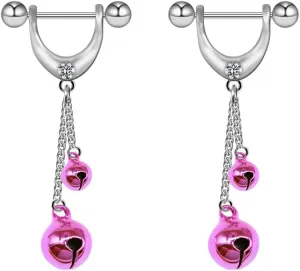 Kokoma 14G Dangle Jingle Bell Nipple Rings for Women CZ Red Pink Jingle Bells Christmas Nipplerings Long Tassel Chain Dangling Drop Hoop Earrings Barbell Bar Piercing Body Jewelry