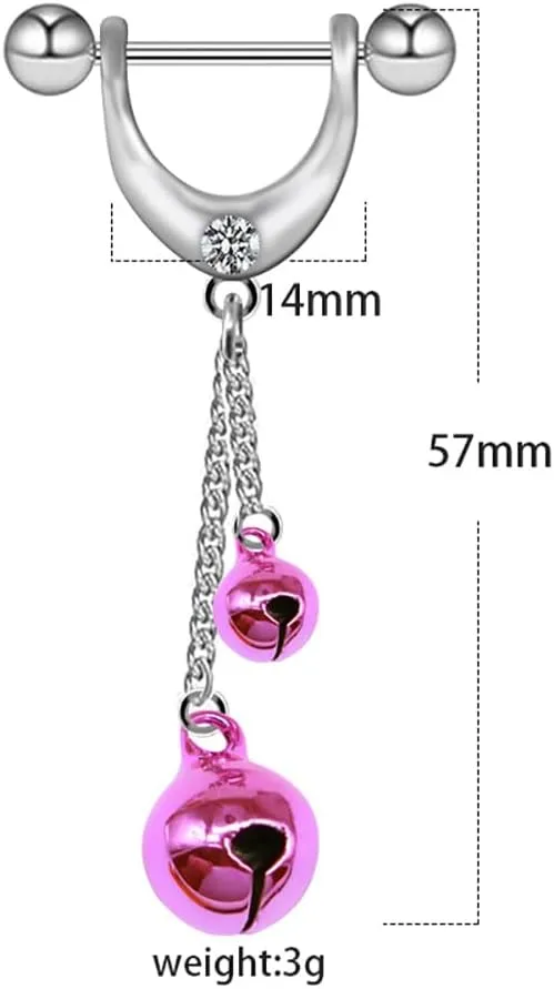 Kokoma 14G Dangle Jingle Bell Nipple Rings for Women CZ Red Pink Jingle Bells Christmas Nipplerings Long Tassel Chain Dangling Drop Hoop Earrings Barbell Bar Piercing Body Jewelry