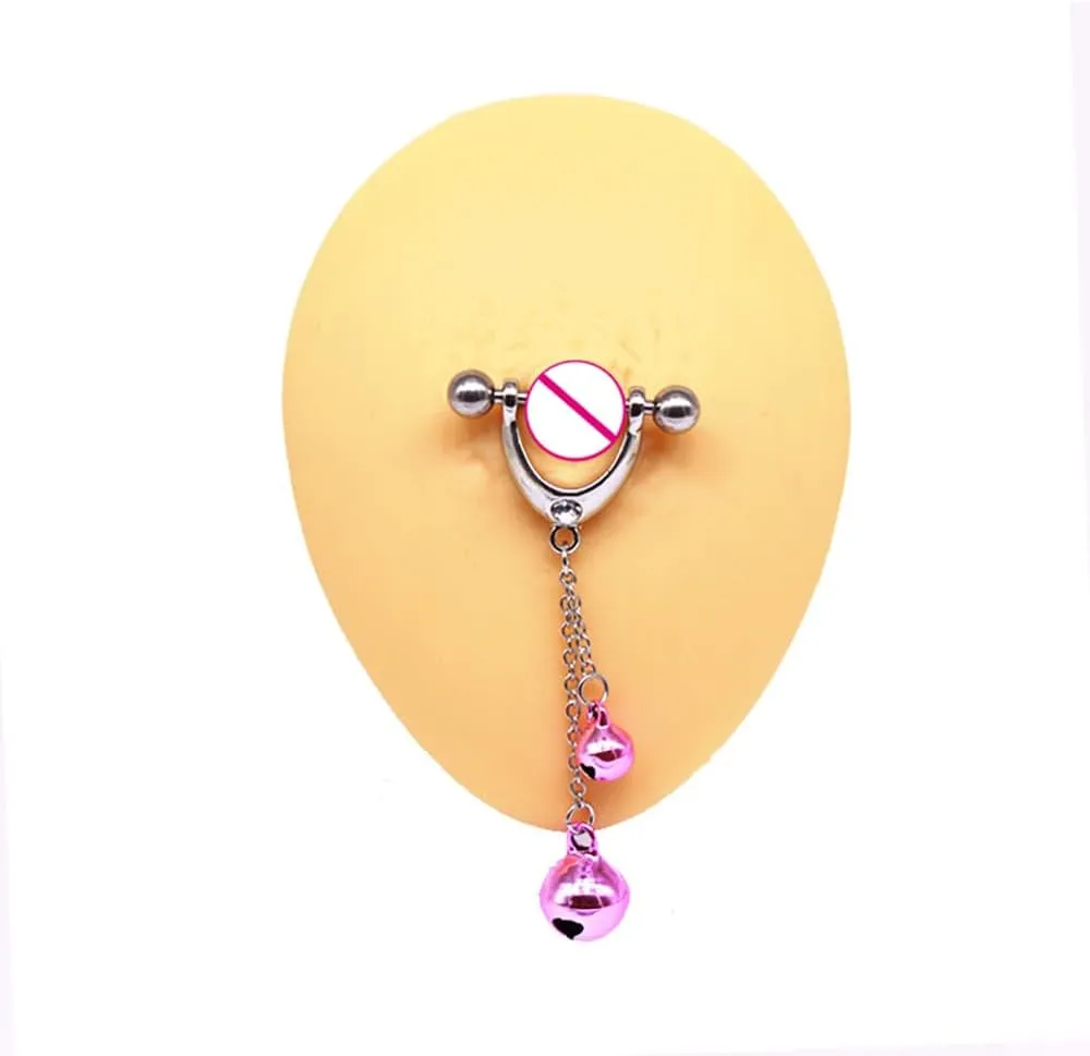 Kokoma 14G Dangle Jingle Bell Nipple Rings for Women CZ Red Pink Jingle Bells Christmas Nipplerings Long Tassel Chain Dangling Drop Hoop Earrings Barbell Bar Piercing Body Jewelry