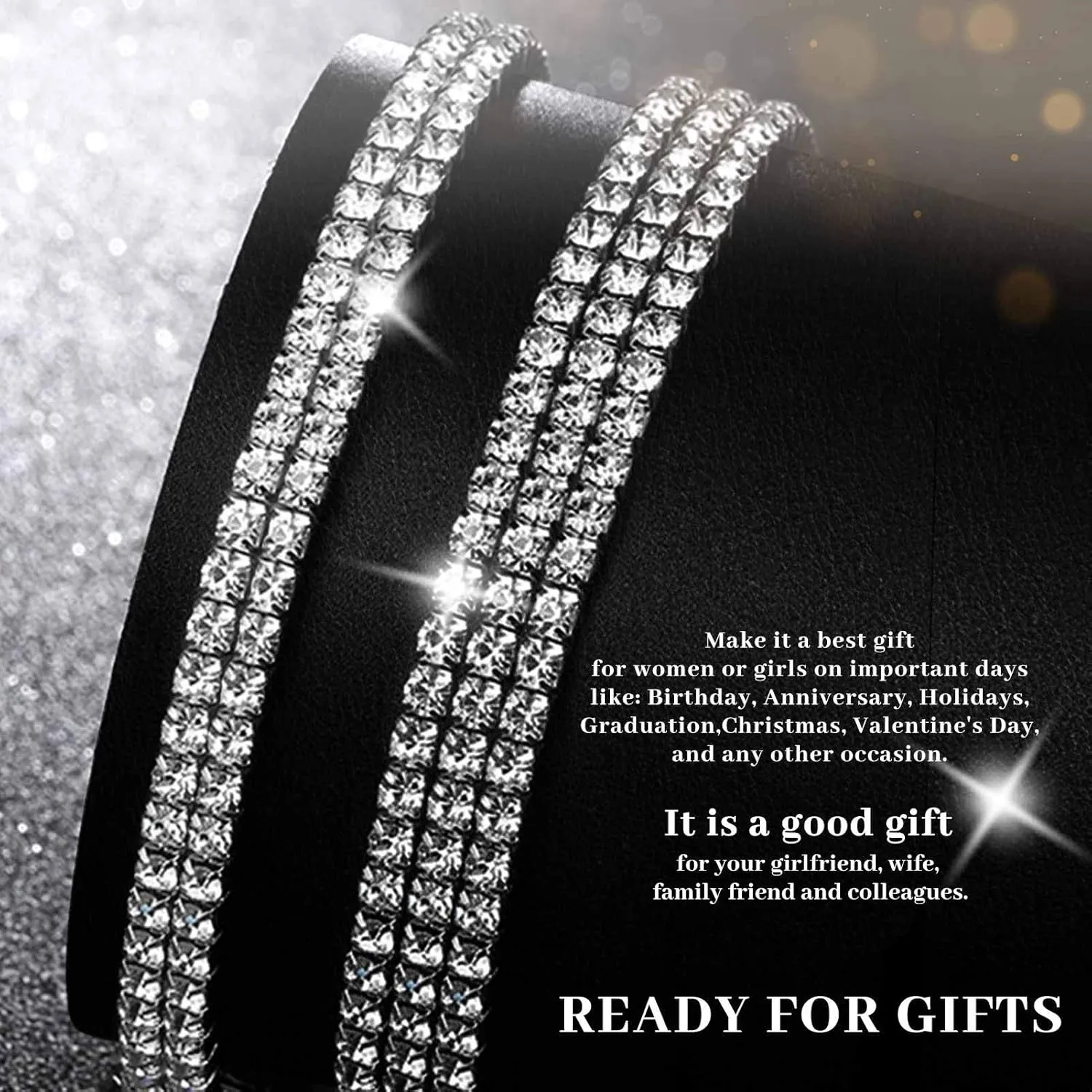 Kucheed 2PCS Rhinestone Stretch Bracelets, Twinkle Diamond Tennis Bangle, Silver Crystal Sparkling Bridal Stackable Bracelet Jewelry, Bling Shining Wedding Party Elastic Band Bracelet for Women