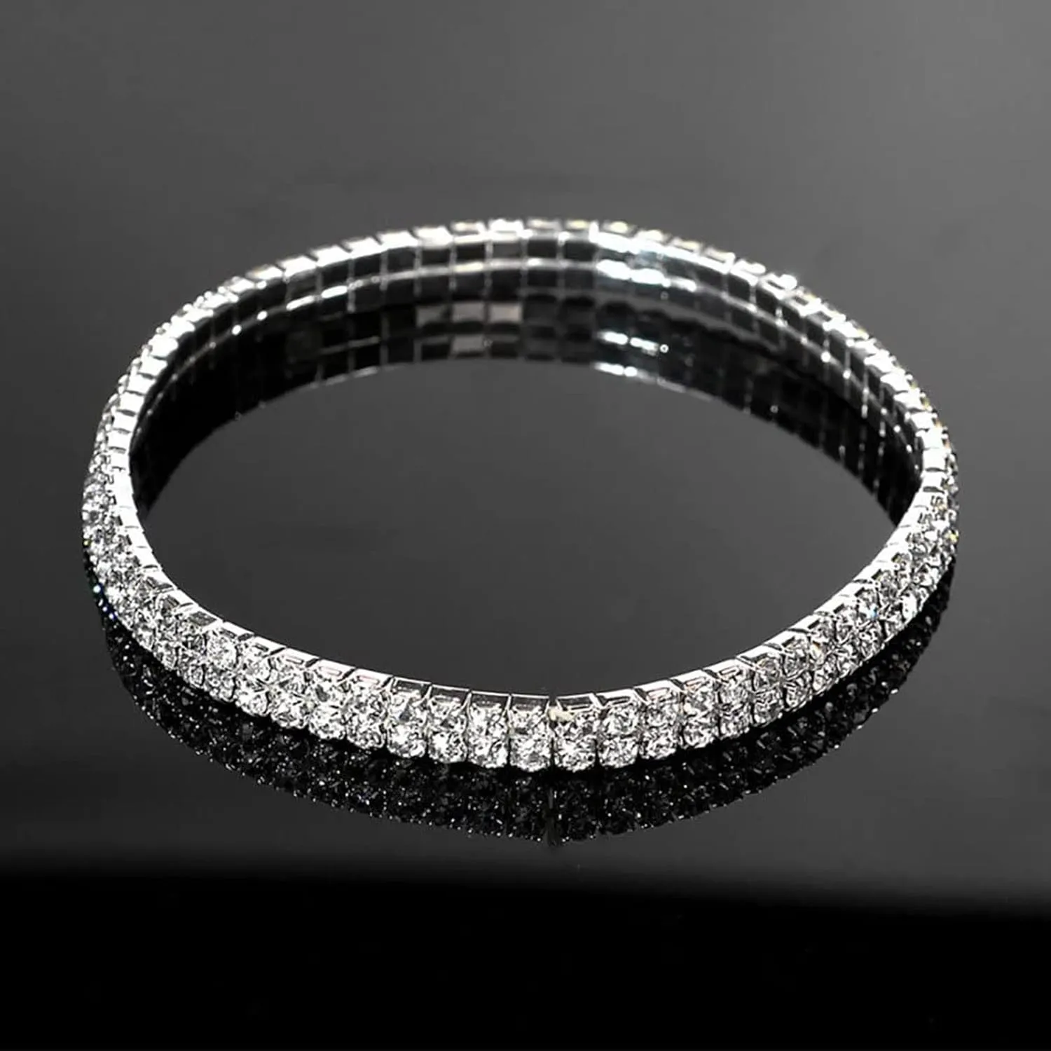 Kucheed 2PCS Rhinestone Stretch Bracelets, Twinkle Diamond Tennis Bangle, Silver Crystal Sparkling Bridal Stackable Bracelet Jewelry, Bling Shining Wedding Party Elastic Band Bracelet for Women