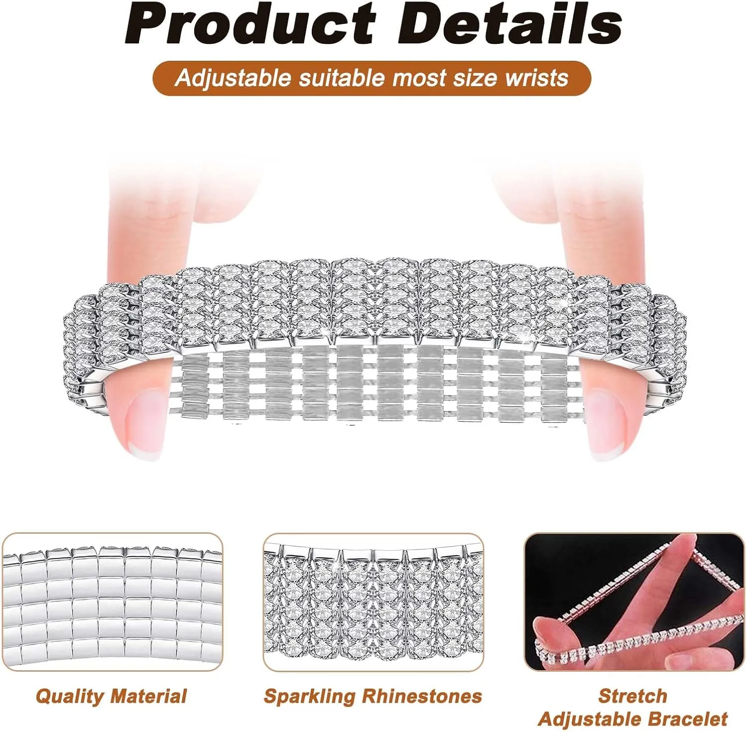 Kucheed 2PCS Rhinestone Stretch Bracelets, Twinkle Diamond Tennis Bangle, Silver Crystal Sparkling Bridal Stackable Bracelet Jewelry, Bling Shining Wedding Party Elastic Band Bracelet for Women