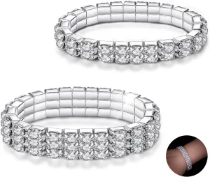 Kucheed 2PCS Rhinestone Stretch Bracelets, Twinkle Diamond Tennis Bangle, Silver Crystal Sparkling Bridal Stackable Bracelet Jewelry, Bling Shining Wedding Party Elastic Band Bracelet for Women