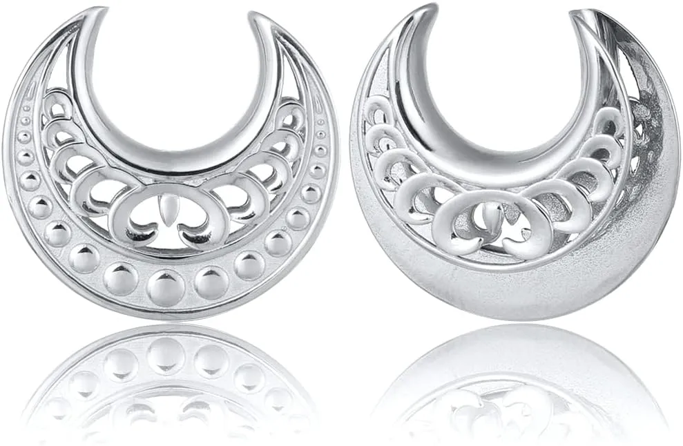 LADEMAYH 2Pcs 0g Plugs for Women, Elegant Silver Size 0 Gauge Earrings, Exquisite Patterns Surgical Steel Ear Tunnels Saddle