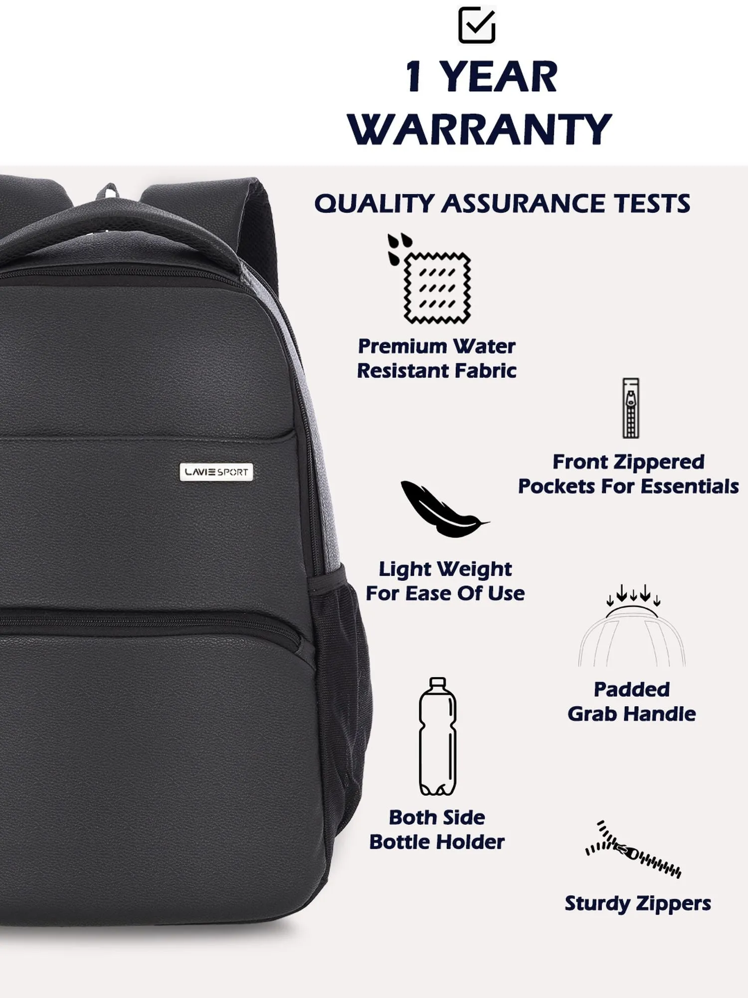Lavie Sport Mode Gear 30L Laptop Backpack For Men & Women Black