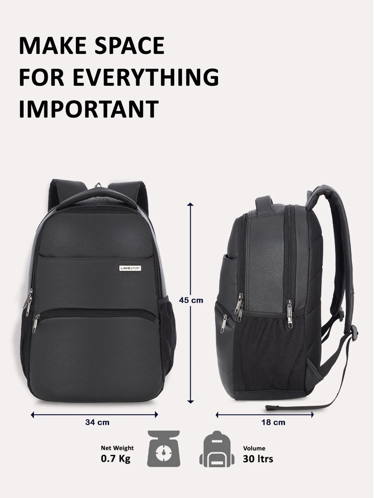 Lavie Sport Mode Gear 30L Laptop Backpack For Men & Women Black