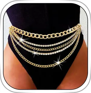 Layered Rhinestone Waist Chain Gold Body Chains Rhinestones Belly Chain for Women Crystal Body Jewelry Summer Beach (Gold)