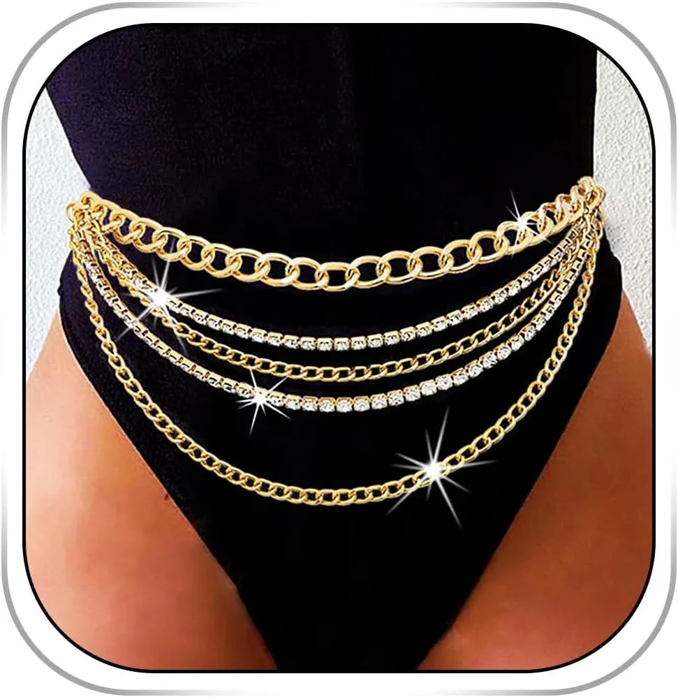 Layered Rhinestone Waist Chain Gold Body Chains Rhinestones Belly Chain for Women Crystal Body Jewelry Summer Beach (Gold)