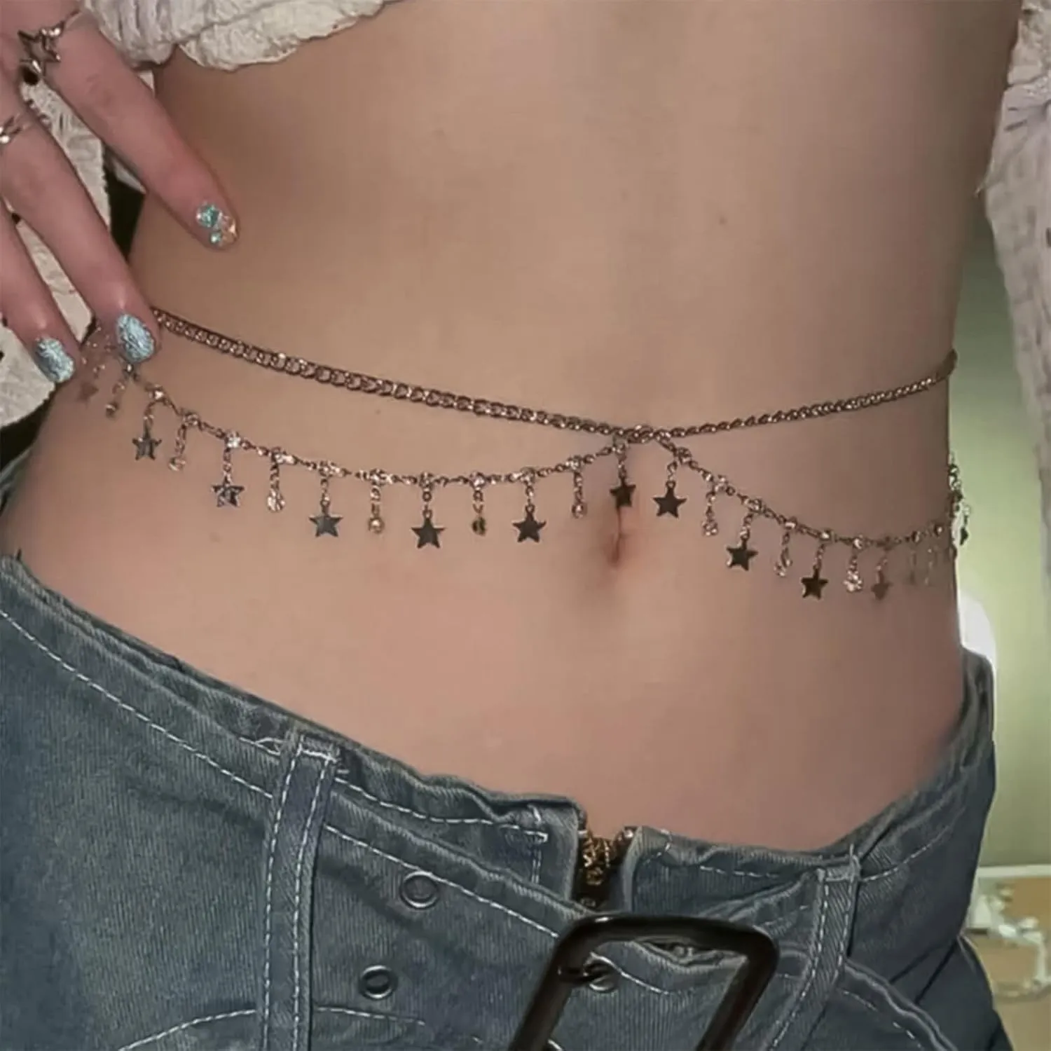 Layered Waist Chains for Women 2-Piece Cuban & Pearl Beaded Belly Belt Body Jewelry, Adjustable and Perfect for Beach, Festivals & Everyday Wear