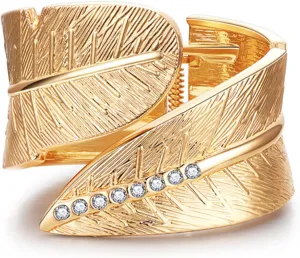 Leaf Shape Bangle Bracelets for Women, Gold Plated Cubic Zirconia Stones Stainless Steel Bracelets Stack Stretchy Trendy Charm Jewelry Love Birthday Mother Festival Women Girls Gift