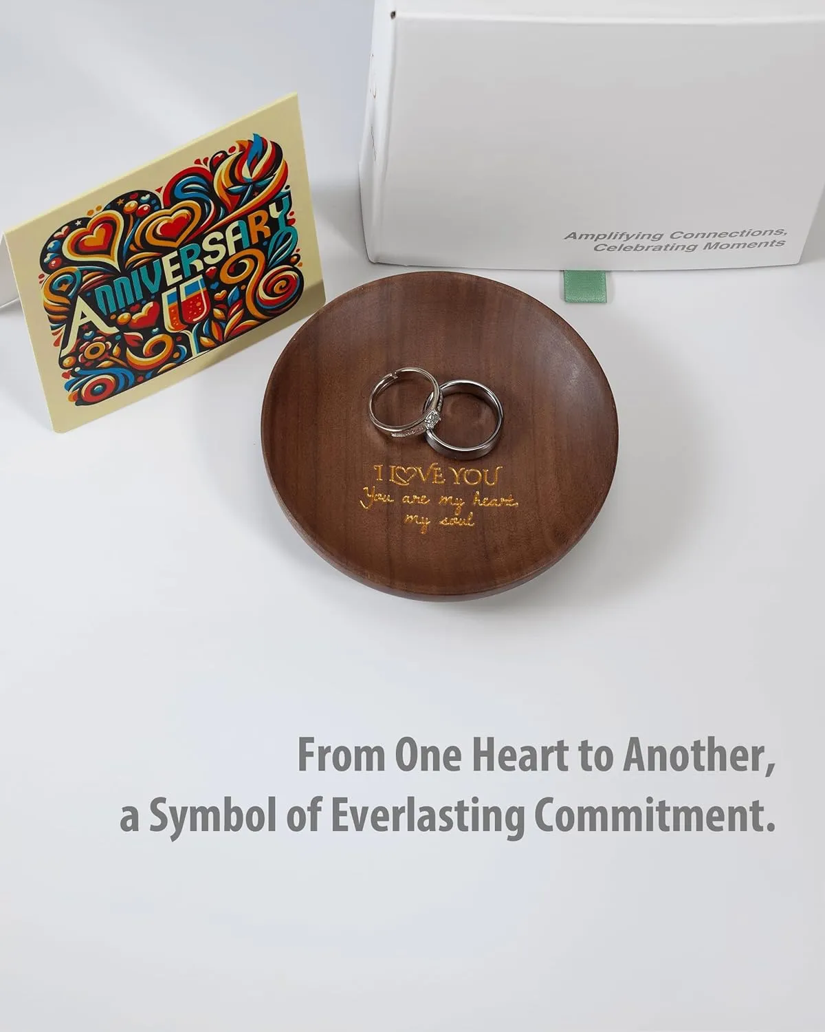 LerchPhi Wedding Anniversary Wood Gifts Dia. 4 Inch, Versatile Wood Ring Tray for Couples, Ideal for Any Year Anniversary, Engraved Jewelry and Ring Holder Dish