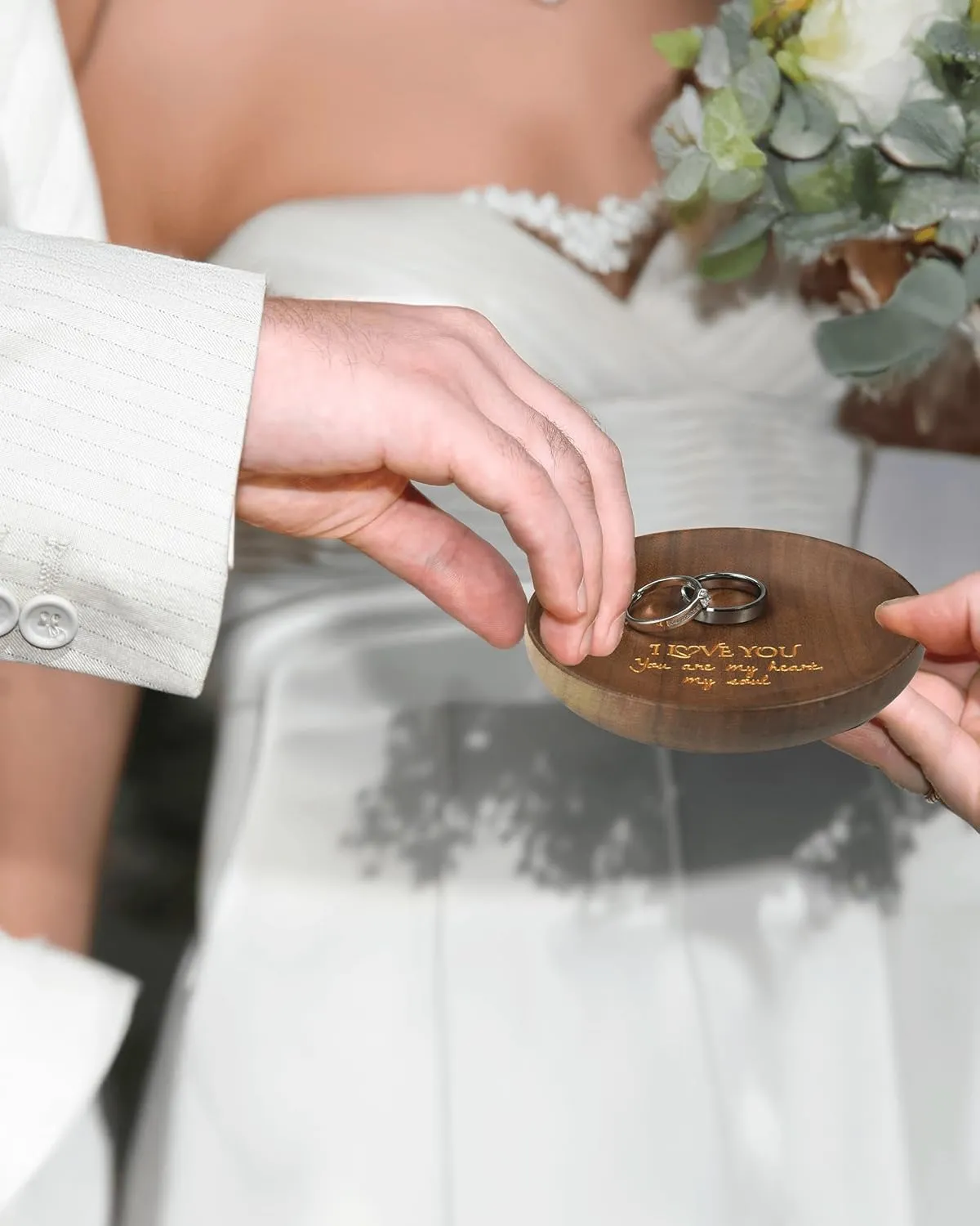 LerchPhi Wedding Anniversary Wood Gifts Dia. 4 Inch, Versatile Wood Ring Tray for Couples, Ideal for Any Year Anniversary, Engraved Jewelry and Ring Holder Dish