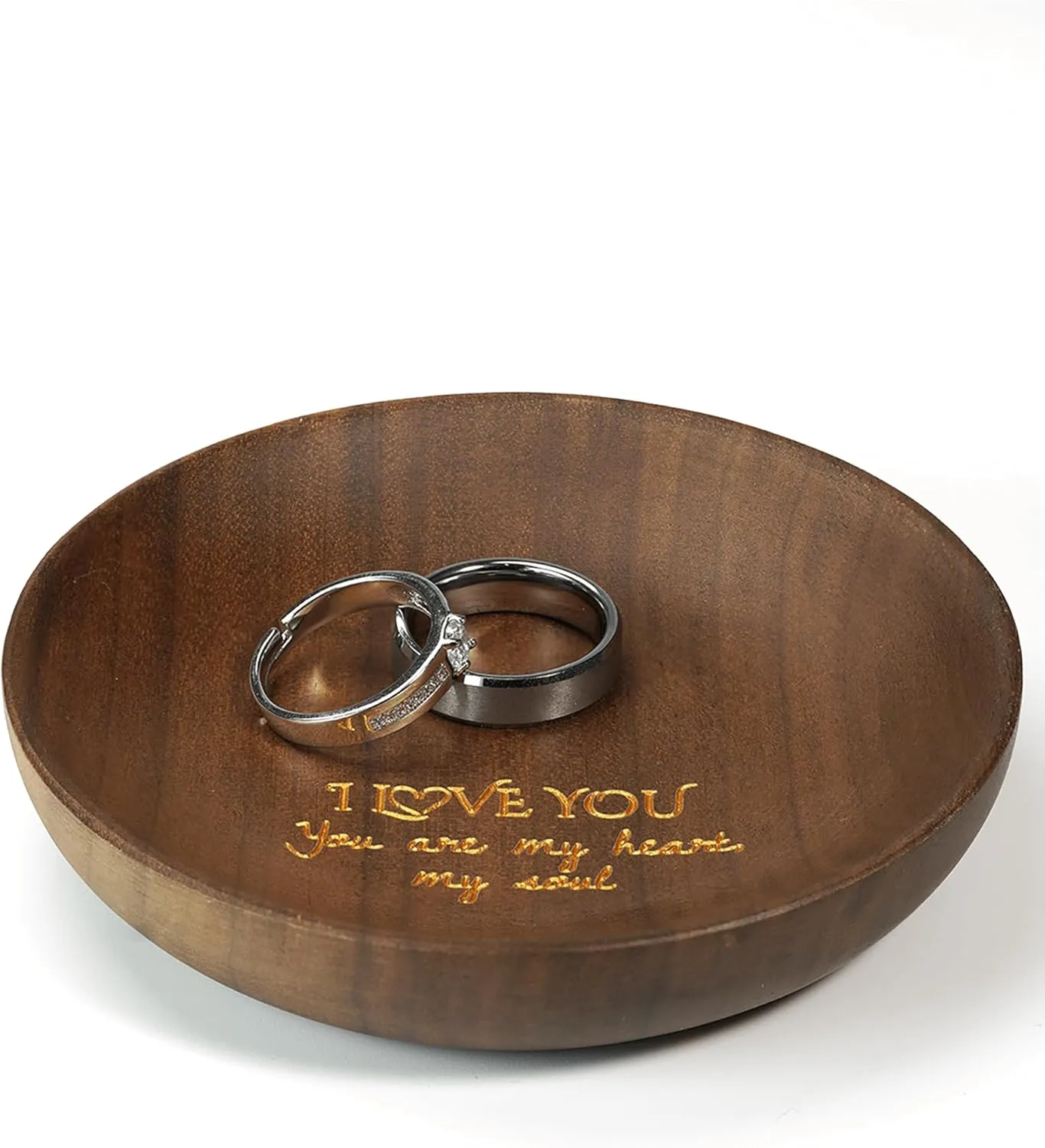 LerchPhi Wedding Anniversary Wood Gifts Dia. 4 Inch, Versatile Wood Ring Tray for Couples, Ideal for Any Year Anniversary, Engraved Jewelry and Ring Holder Dish