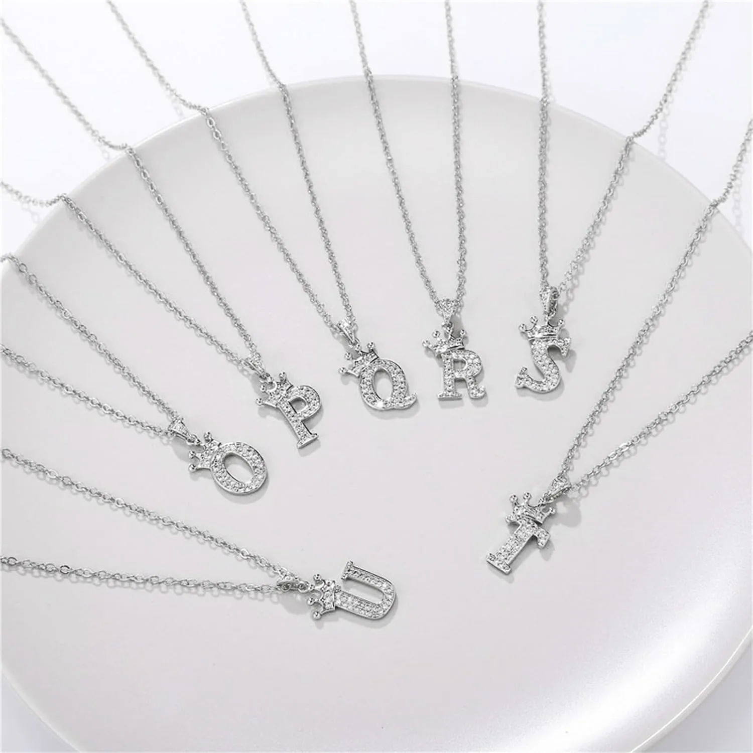 Letter A-Z pendant necklace Crown letter pendant Charming initials chain necklace, inlaid crystal letter necklace silver