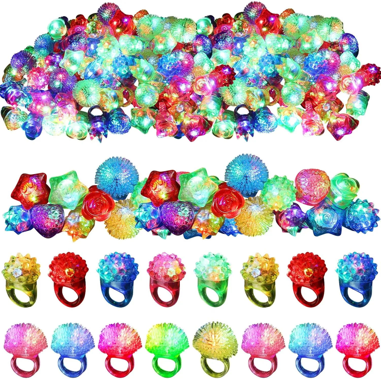 Leyndo 300 Pack Colorful LED Light up Rings End of Year Graduation Gifts for Student Glow in the Dark Rings Dj Party Favors Flash Jelly Lights for Classroom Prizes, Goodie Bag, Birthday Party (Mixed)