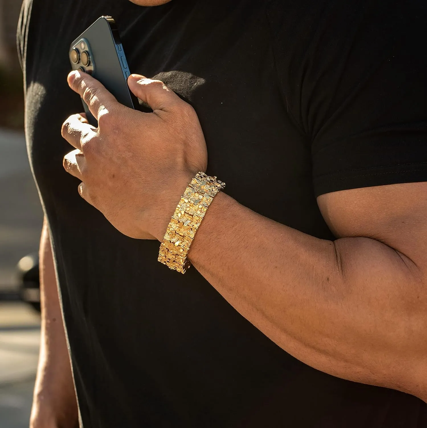 LIFETIME JEWELRY 23mm Rugged Nugget Link Bracelet for Men and Women 24k Gold Plated
