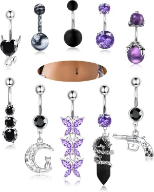 LOLIAS 10Pcs Belly Button Rings Surgical Stainless Steel CZ Heart Dragon Butterfly Dangle Navel Rings for Women Barbell Piercing Jewelry