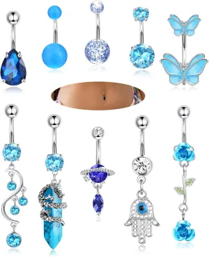 LOLIAS 10Pcs Belly Button Rings Surgical Stainless Steel CZ Heart Dragon Butterfly Dangle Navel Rings for Women Barbell Piercing Jewelry