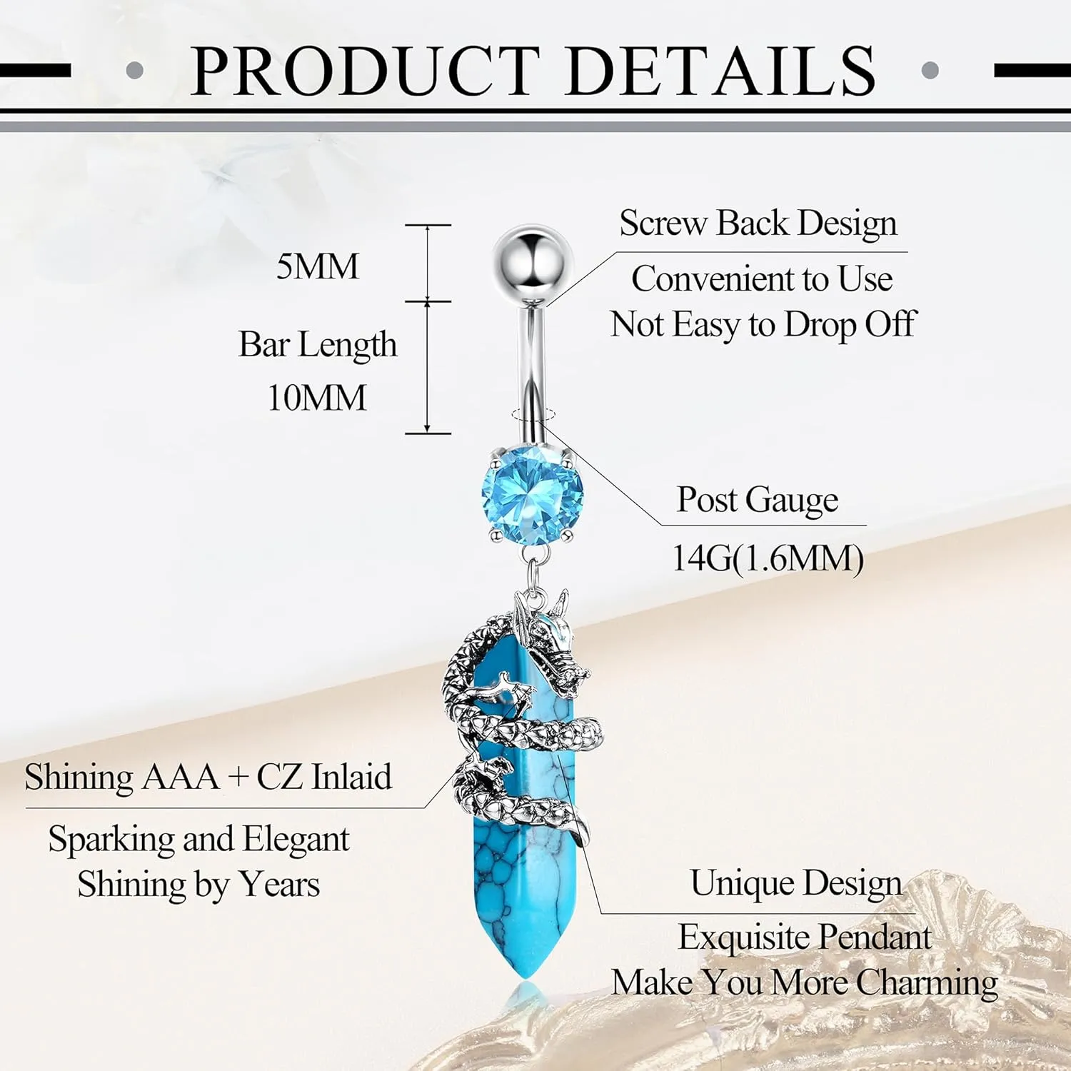 LOLIAS 10Pcs Belly Button Rings Surgical Stainless Steel CZ Heart Dragon Butterfly Dangle Navel Rings for Women Barbell Piercing Jewelry
