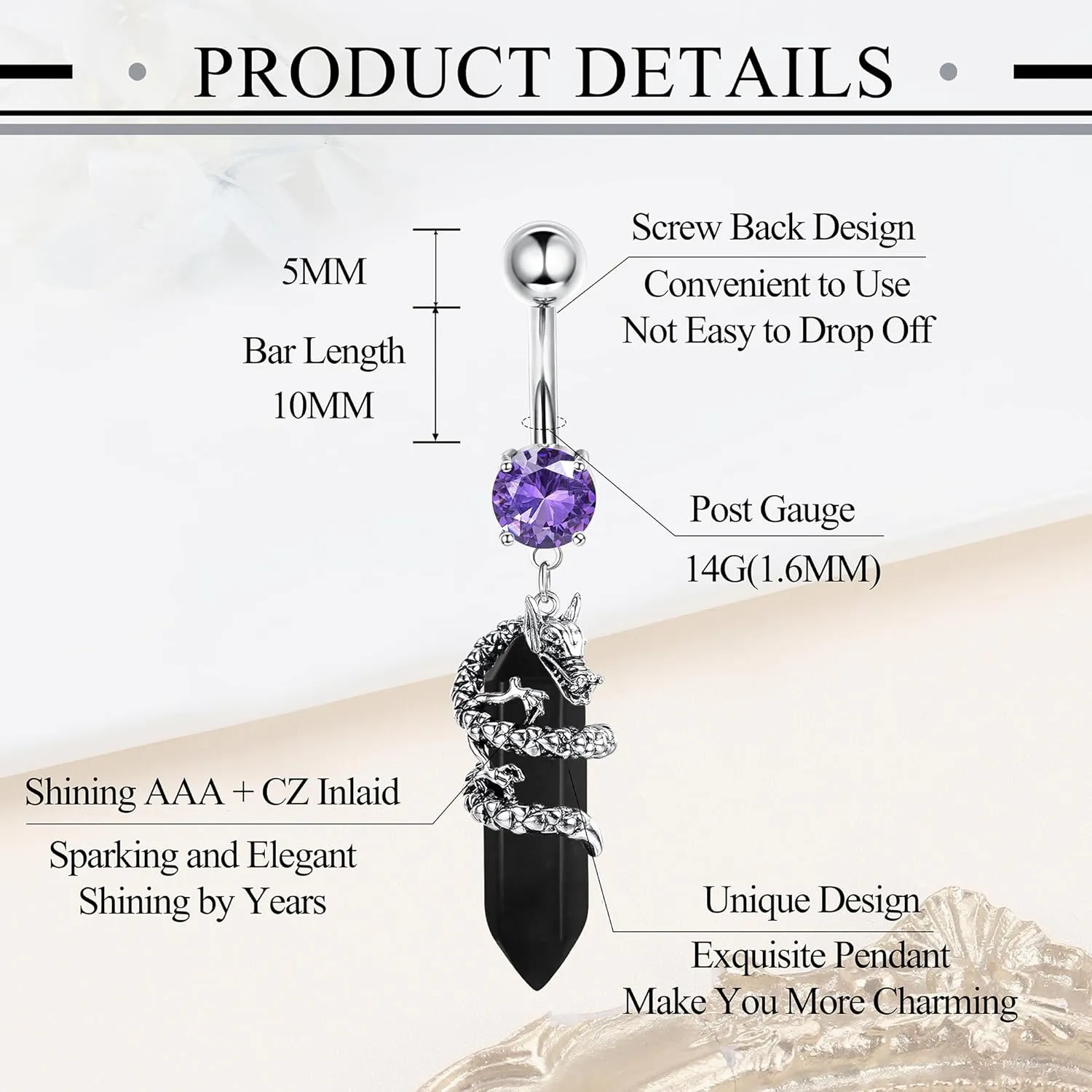 LOLIAS 10Pcs Belly Button Rings Surgical Stainless Steel CZ Heart Dragon Butterfly Dangle Navel Rings for Women Barbell Piercing Jewelry