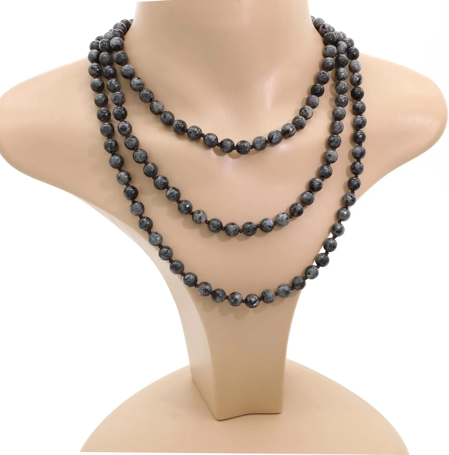 Long Versatile Handmade Beaded Natural Stone Necklace For Women Round Beads Multi Layer Knotted Wrap Semi Precious 8mm Stones Statement Necklace 60 inches