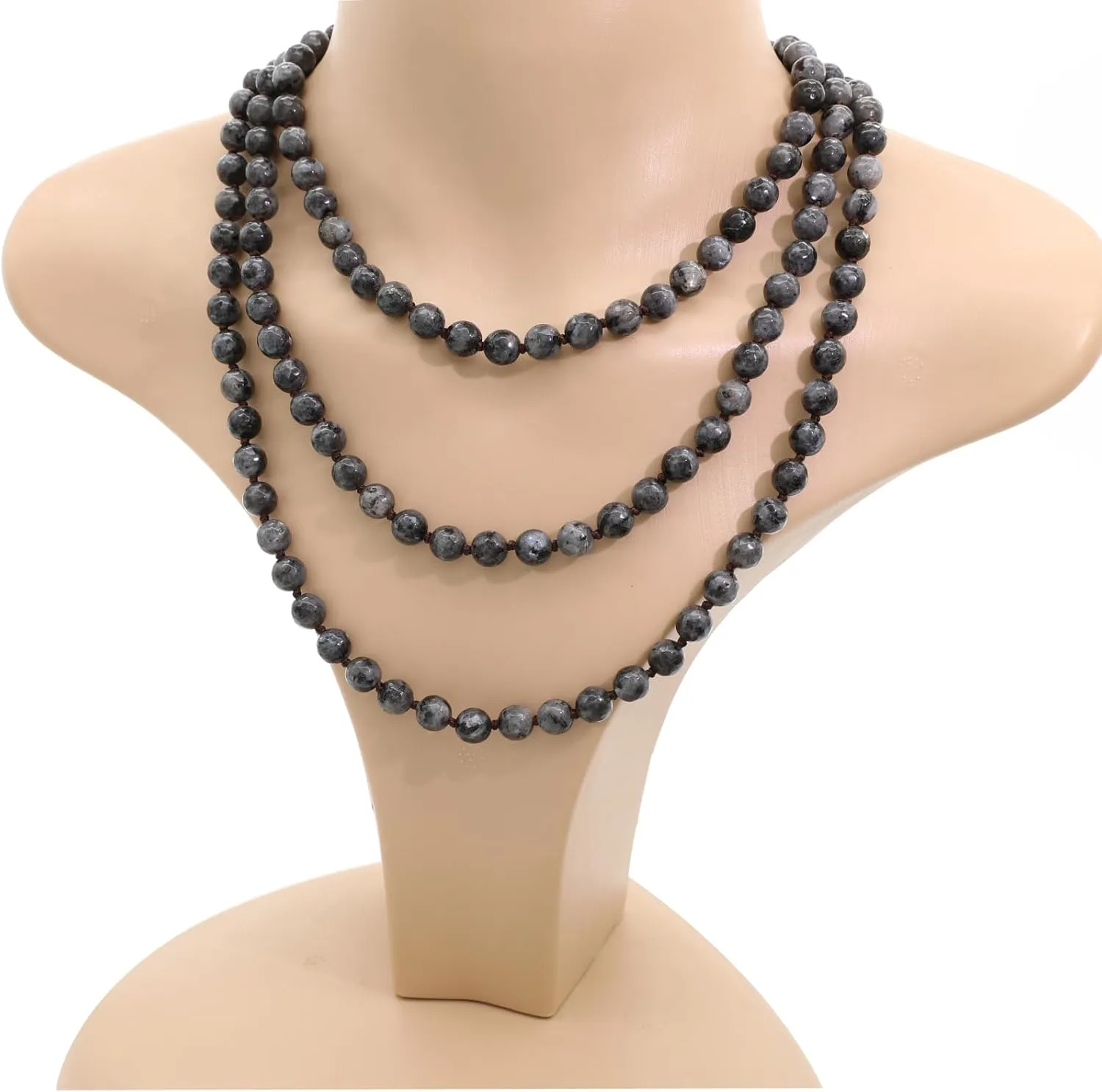 Long Versatile Handmade Beaded Natural Stone Necklace For Women Round Beads Multi Layer Knotted Wrap Semi Precious 8mm Stones Statement Necklace 60 inches