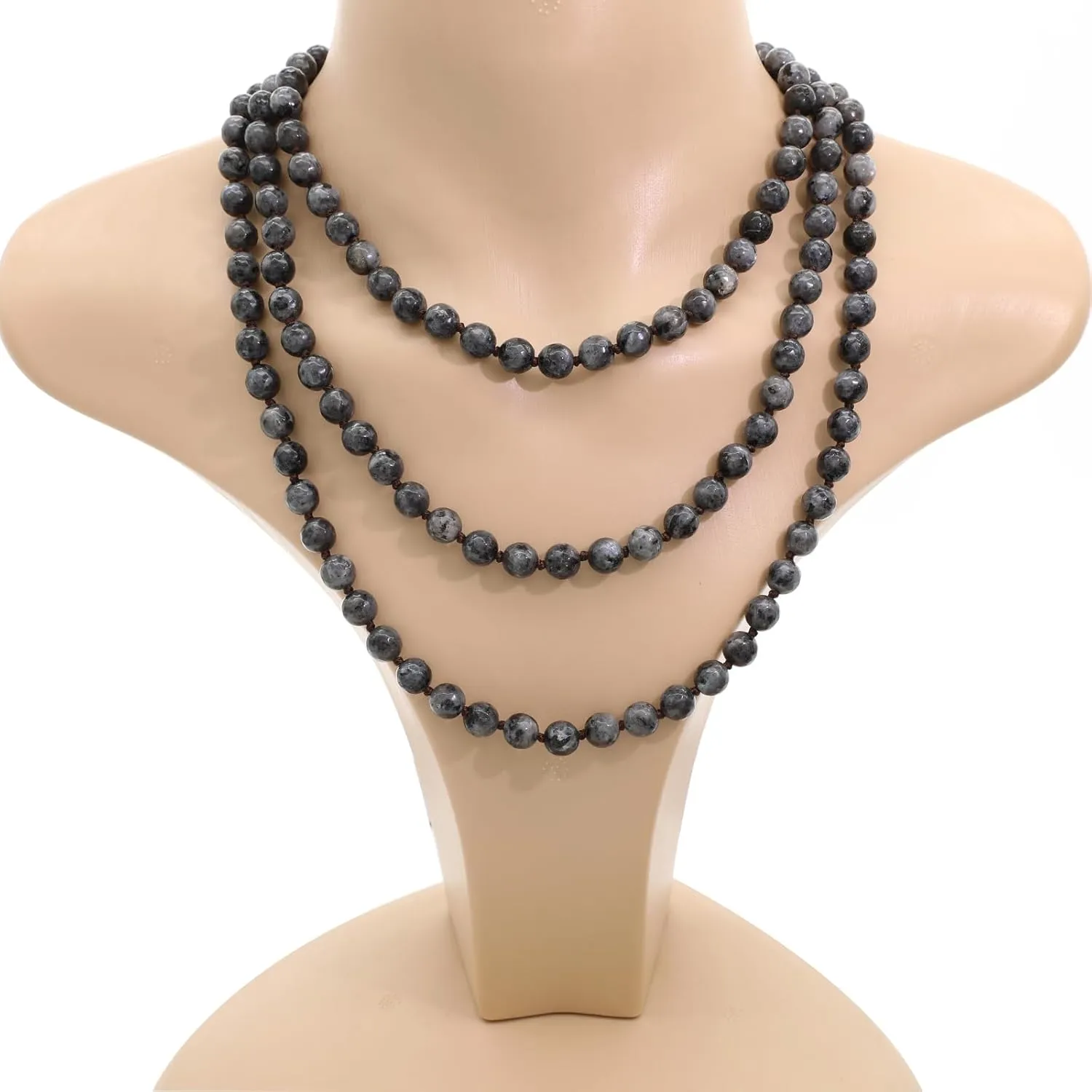Long Versatile Handmade Beaded Natural Stone Necklace For Women Round Beads Multi Layer Knotted Wrap Semi Precious 8mm Stones Statement Necklace 60 inches