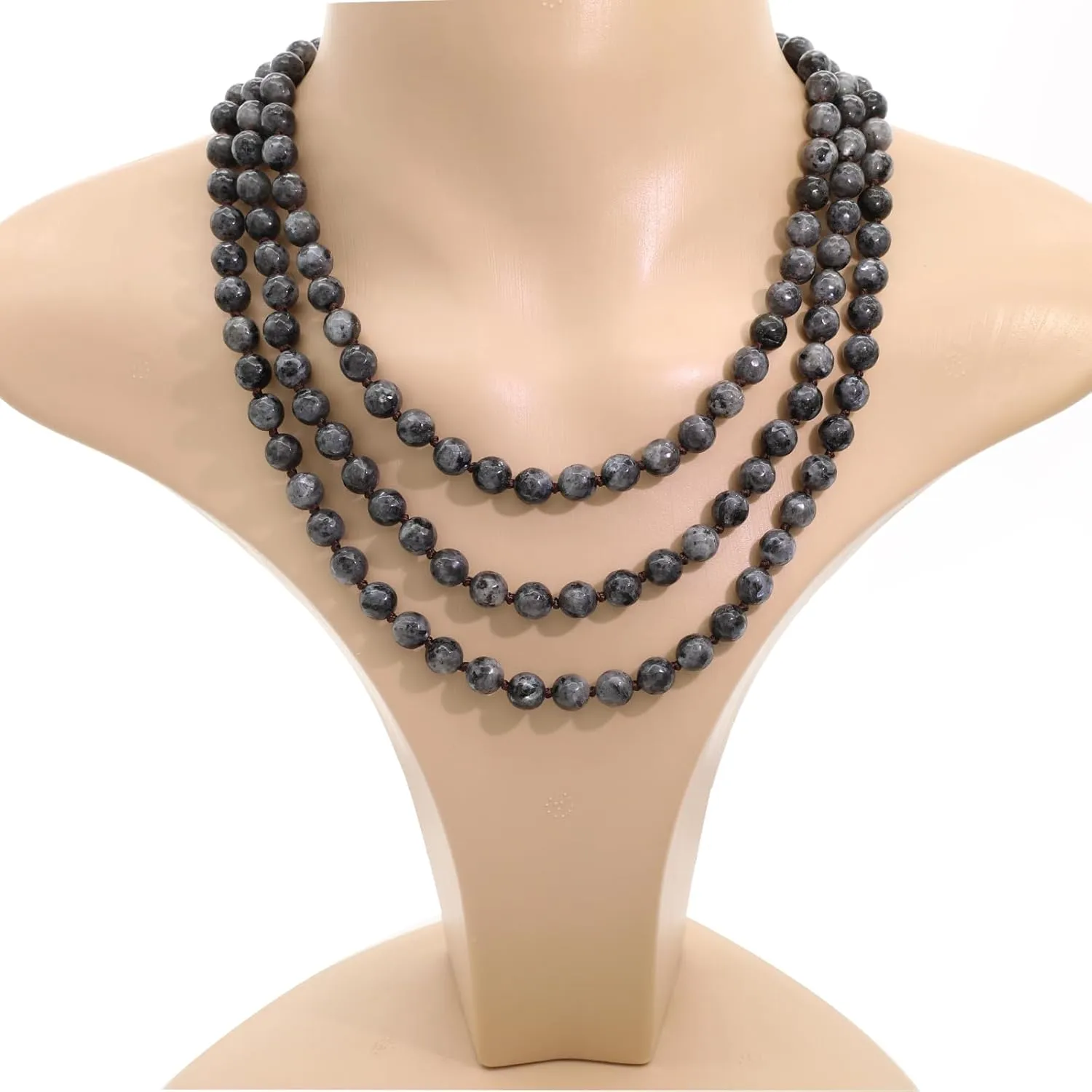 Long Versatile Handmade Beaded Natural Stone Necklace For Women Round Beads Multi Layer Knotted Wrap Semi Precious 8mm Stones Statement Necklace 60 inches