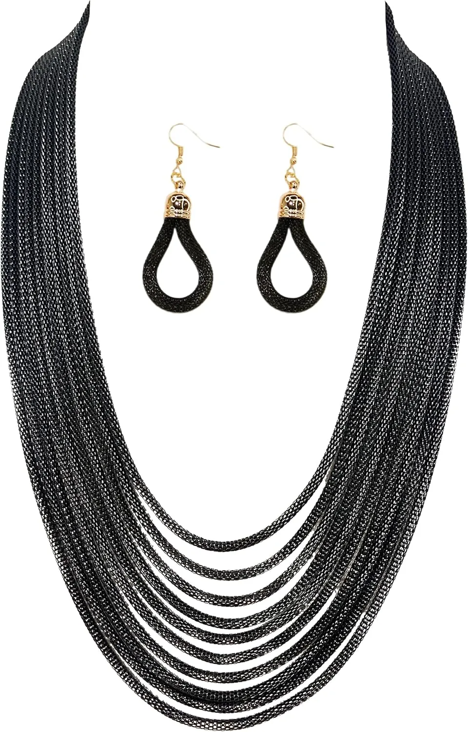 Long Waterfall Multi Strand Bib Choker 10 Layers Chunky Collar Statement Jewelry, Long Chains, Dress Prom Party