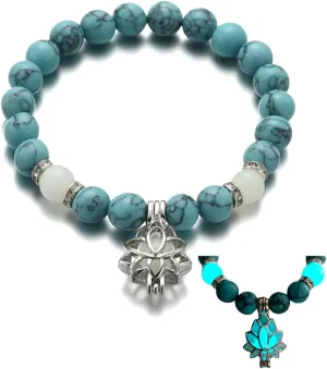 Lotus Flower Bracelet for Women Men Luminous Flower Lotus Turquoise Beaded Bracelet Charm Glow In The Dark Jewelry Adjustable